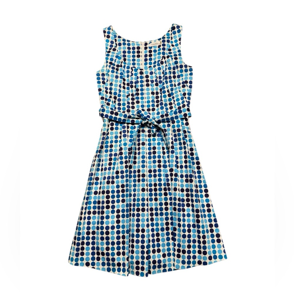 Calvin Klein Retro Blue Polka Dot Fit & Flare Dress Sleeveless Belted Size 6 - Picture 2 of 12